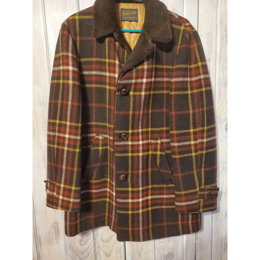 Pendleton Barn Coat Sz L Wool Jacket Quilted Lining, Brown Plaid  Vintage